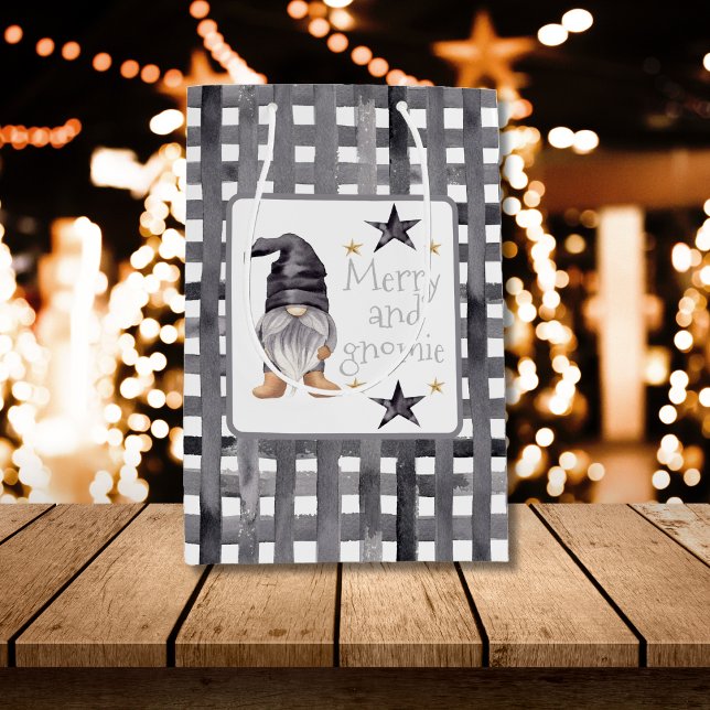 Watercolor Winter Gnome on Buffalo check jul (Watercolor Winter Gnome on Buffalo check Christmas Gift Bag - Charming Design, Customizable Text,)