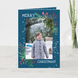 Watercolor Winter Greenery Blue-julfoto Helgkort