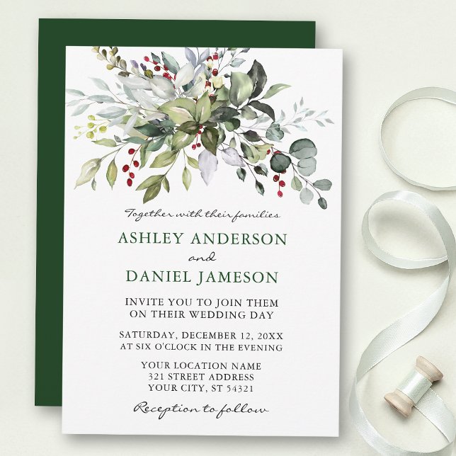 Watercolor Winter Greenery Bröllop Inbjudningar (Customize to change text size, style or color of back of card.)