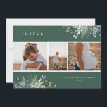 Watercolor Winter Greenery Helgdag Photo Collage Julkort<br><div class="desc">Vintergröna arrangemang med söt vattenfärg,  tre fotokort för helgdag. Kortfunktioner,  vintergrön i mjuka blå nyanser och grönt med muterad jägare grönt färg bakgrunder. I mallen finns två blanksteg för anpassningsbarna och tre foton.</div>