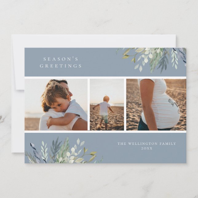 Watercolor Winter Greenery Helgdag Photo Collage Julkort (Framsida)