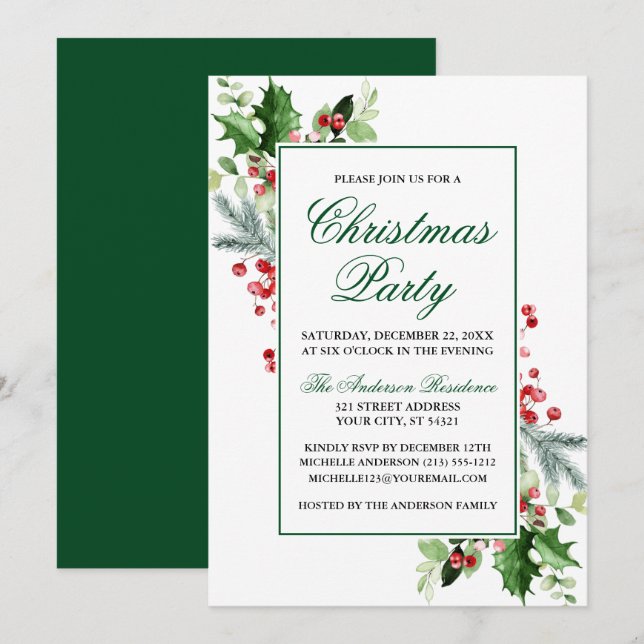 Watercolor Winter Greenery Holly jul Party Inbjudningar (Fram/baksida)