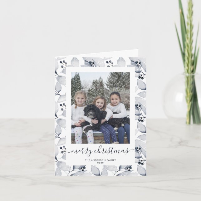 Watercolor Winter Greenery Photo God jul Helgkort (Framsida)