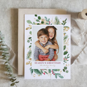 Watercolor Winter Greenery Season Greetings Helgkort