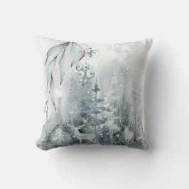 Watercolor Winter Hjort Scene White Winter Berries Kudde