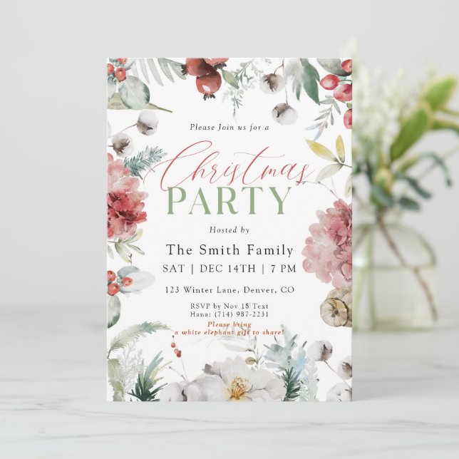 Watercolor Winter Holiday Floral Christmas Party Inbjudningar (Stående Fram)