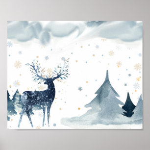 Watercolor Winter Reindeer Scene Poster