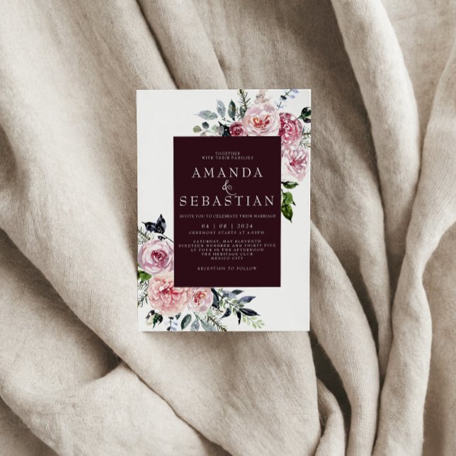 Watercolor Winter Rosa Blommigt Ram Bröllopsfest Inbjudningar (Skapare uppladdad)