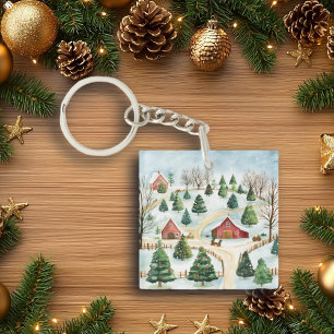 Watercolor Winter Rustic liggande med Fir Träd