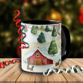 Watercolor Winter Rustic liggande med Fir Träd Mugg