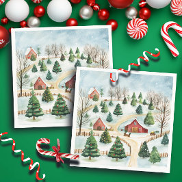 Watercolor Winter Rustic liggande med Fir Träd Pappersservett