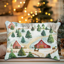 Watercolor Winter Rustic liggande med Fir Träd Prydnadskudde