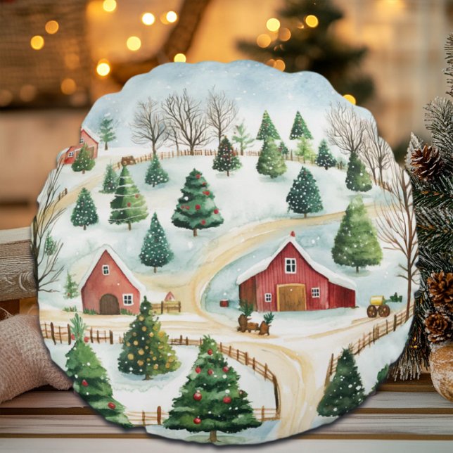 Watercolor Winter Rustic liggande med Fir Träd Rund Kudde (Skapare uppladdad)