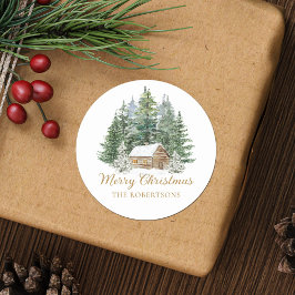 Watercolor Winter Rustic Woodland Cabin jul Runt Klistermärke
