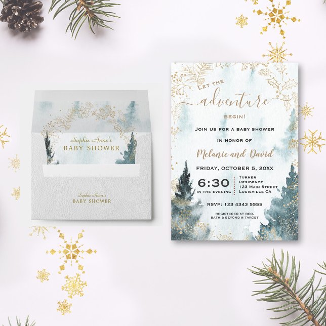 Watercolor Winter Scenery Guld WandeBaby Shower Inbjudningar (winter evergreen pine baby shower invitation, trendy winter baby shower, green gold baby shower )
