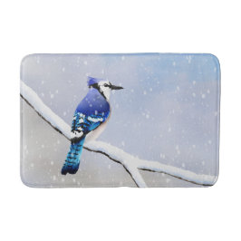 Watercolor Winter Snö Bird Blue Jay Badrumsmatta