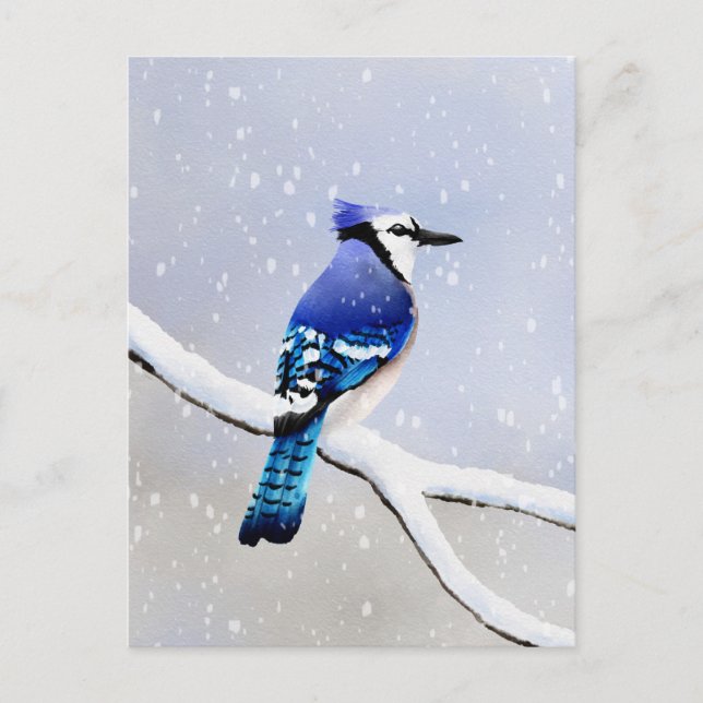 Watercolor Winter Snö Bird Blue Jay Inbjudan Vykort (Framsida)