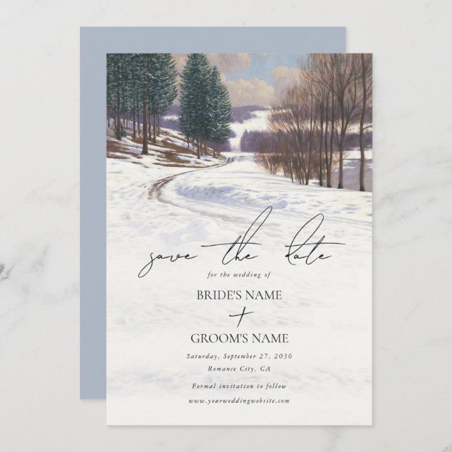 Watercolor Winter Snö liggande Bröllop Spara Datumet (Fram/baksida)