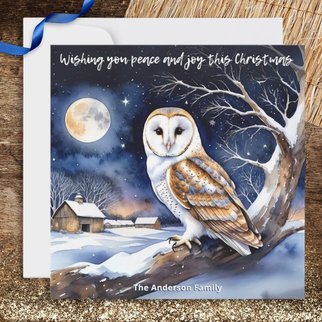 Watercolor Winter Snö Nature Barn Uggla jul Julkort (A Christmas card with picture of a beautiful barn owl in snowy countryside, in a watercolor style)