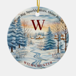 Watercolor Winter Snowflake Hut in Forest Monogram Julgransprydnad Keramik