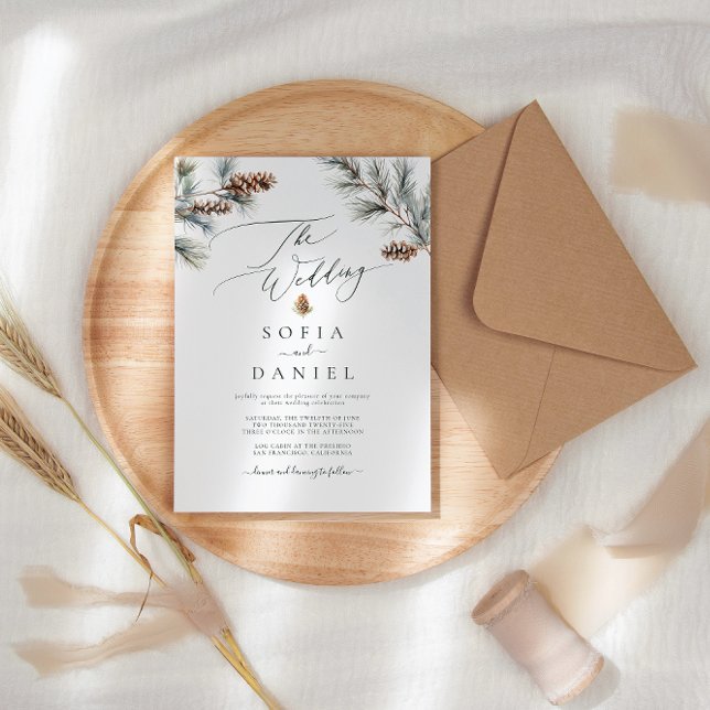 Watercolor Winter Spruce Twigs Gräs Cone Bröllop Inbjudningar (Skapare uppladdad)