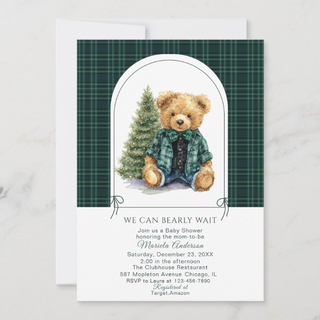 Watercolor  Winter  Teddy bear Christmas Baby Show Inbjudningar (Framsida)