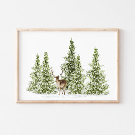 Watercolor Winter Träd och Hjort Poster