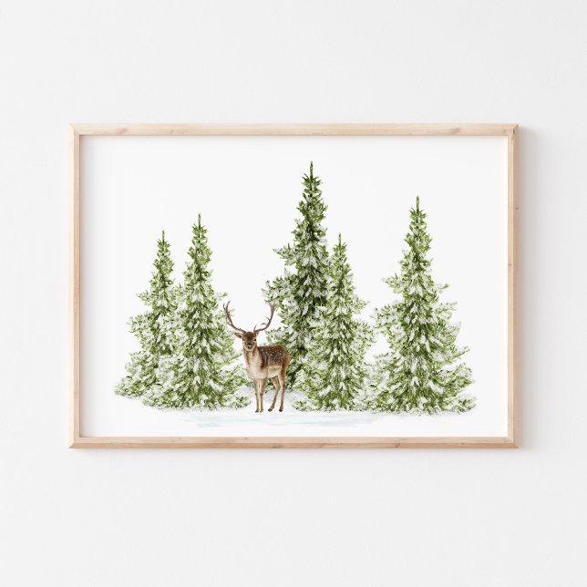Watercolor Winter Träd och Hjort Poster (Skapare uppladdad)
