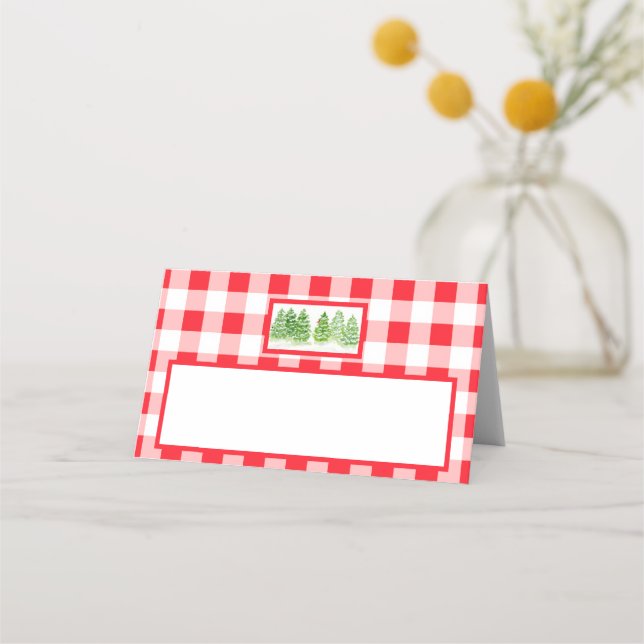 Watercolor Winter Trees Red Gingham Check  Placeringskort (Framsida)