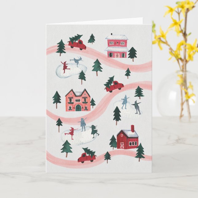 Watercolor Winter Village Scene Holiday Card Kort (Gul blomma)
