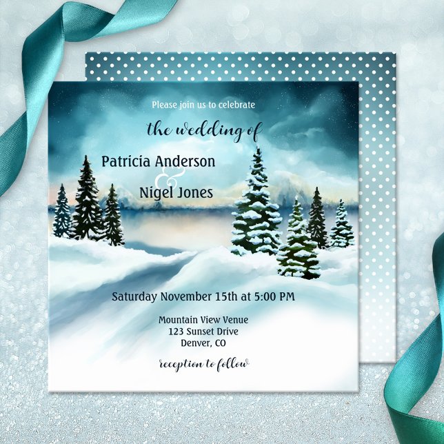 Watercolor Winter Wonderland bröllopsinbjudan Inbjudningar (Winter wedding invitation with a watercolor winter wonderland  scene with snow capped pine trees)