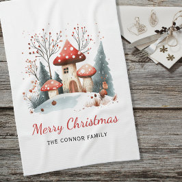 Watercolor Winter Woodland God jul Family Kökshandduk