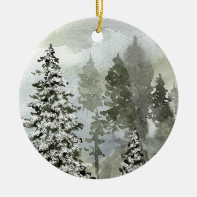 Watercolor Winter Woodland Scene Julgransprydnad Keramik (Framsidan)