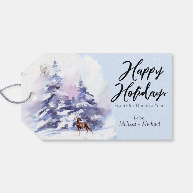 Watercolor Winter Woodlands Glad helg Presentetikett (Baksidan (Horisontell))