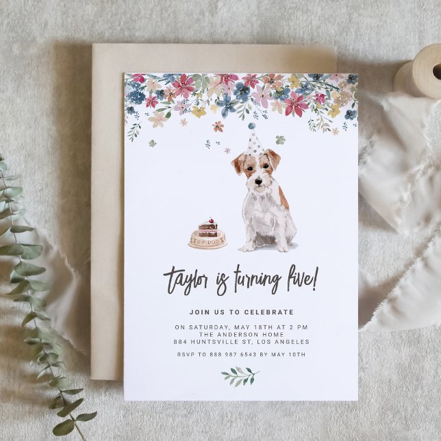 Watercolor Wire HJack Russell Hund Birthday Inbjudningar (Celebrate your furry friend’s special day with our charming Jack Russel birthday invitation.)