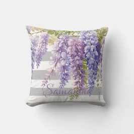 Watercolor wisteria blommigt grått strimlad kudde