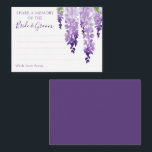 Watercolor Wisteria Lila Lilac Blommigt Bröllop Rådkort<br><div class="desc">Watercolor Wisteria Lila Lilac Blommigt Bröllop Advice Cards har vattenfärgsblommor i mjuk lavender och lila med grönt löv på vit bakgrund med utrymme för gästerna att lägga till sitt speciella "eleganterna minne av Bride and Groom". Perfekt för bröllop, möhippa eller bachelorettfest. Anpassa genom att redigera texten i textrutorna. Designad för...</div>