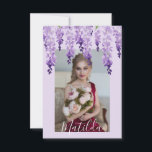 Watercolor Wisteria Photo | BAT MITZVAH Tack Kort<br><div class="desc">Den här designen har vattenfärgswisterblommor i mjuk lavender och lila med grönt löv på en lilak bakgrund med ditt favoritfoto och namn överlägg. På motsatt sida i det vita kalligrafiskriptet för elegant på en lila bakgrund står texten "Tack" och personligen och namn. Anpassa genom att redigera texten i textrutorna och...</div>
