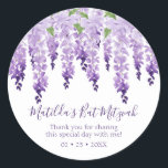 Watercolor Wisteria Tack | BAT MITZVAH Runt Klistermärke<br><div class="desc">Den här designen har elegant vattenfärgsblommor i mjuk lavender och lila med grönt löv på vit bakgrund med ditt Bat mitzvah tackmeddelande och datumet nedan. Anpassa genom att redigera texten i textrutorna. Designad för dig av Evco Studio www.zazzle.com/store/evcostudio #batmitzvah ##party #tack #Tack #klisterlappar #favors #blommigts #lagors #lagers #merklembing #wisteria #firande...</div>