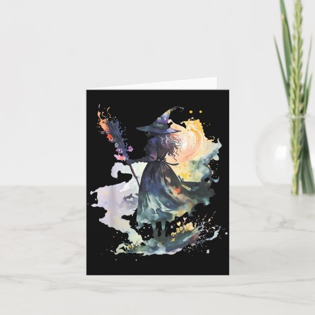 Watercolor Witch Halloween Fall Autumn Art Paintin Kort (Framsida)