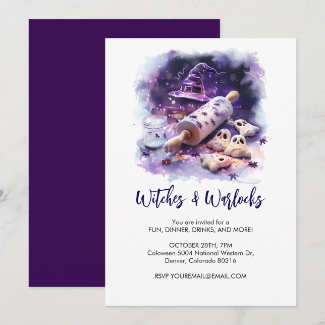 Watercolor Witch hatt med rullstift, Halloween Inbjudningar (Fram/baksida)