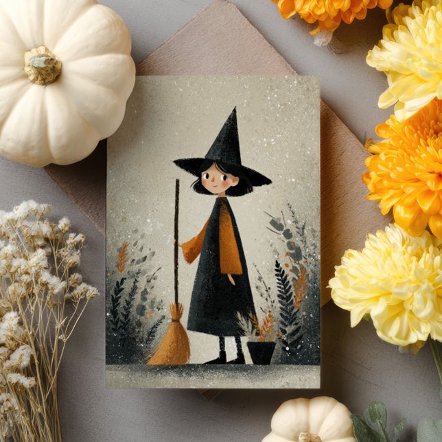 Watercolor Witch Illustration Whimsical Halloween Kort (Skapare uppladdad)