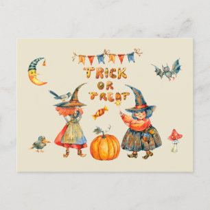 Watercolor Witches bus eller godis Happy halloween Vykort