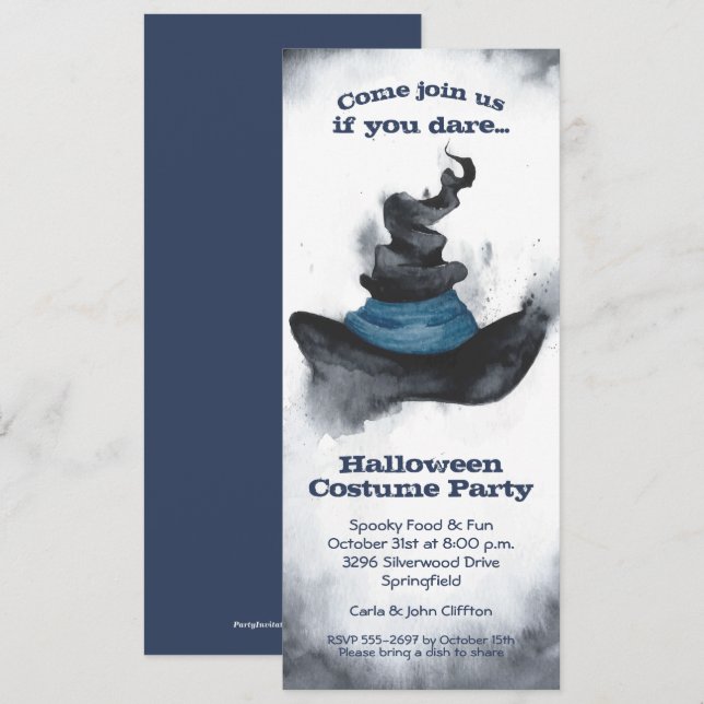 Watercolor Witch's Black Hat Halloween-inbjudninga (Fram/baksida)