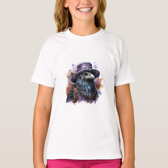 Watercolor Wizard Raven Bird T Shirt (Framsida)