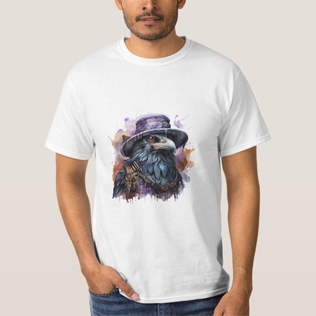 Watercolor Wizard Raven Bird T Shirt (Framsida)