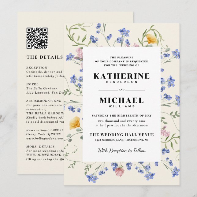 Watercolor Wldblommor Meadow OSA Bröllop Inbjudningar (Fram/baksida)