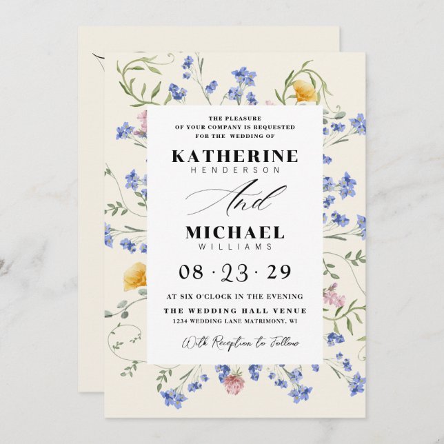Watercolor Wldflowers Meadow Details RSVP Wedding Inbjudningar (Fram/baksida)