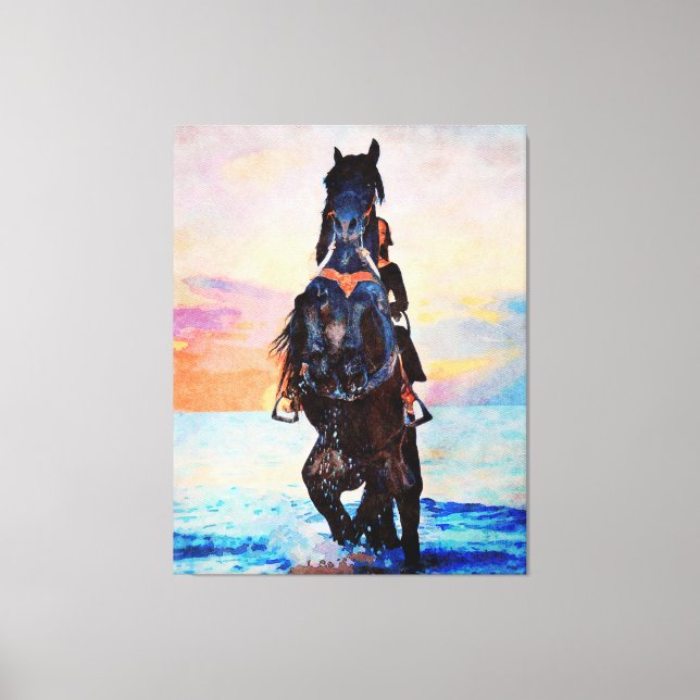 *~* Watercolor Woman Horse Beach AR22 Equine Canvastryck (Framsida)