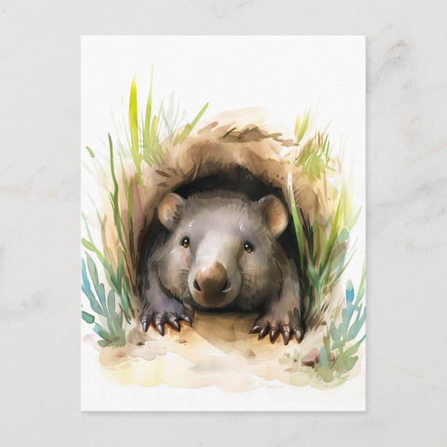 Watercolor Wombat Peeking från Burrow Vykort (Framsida)